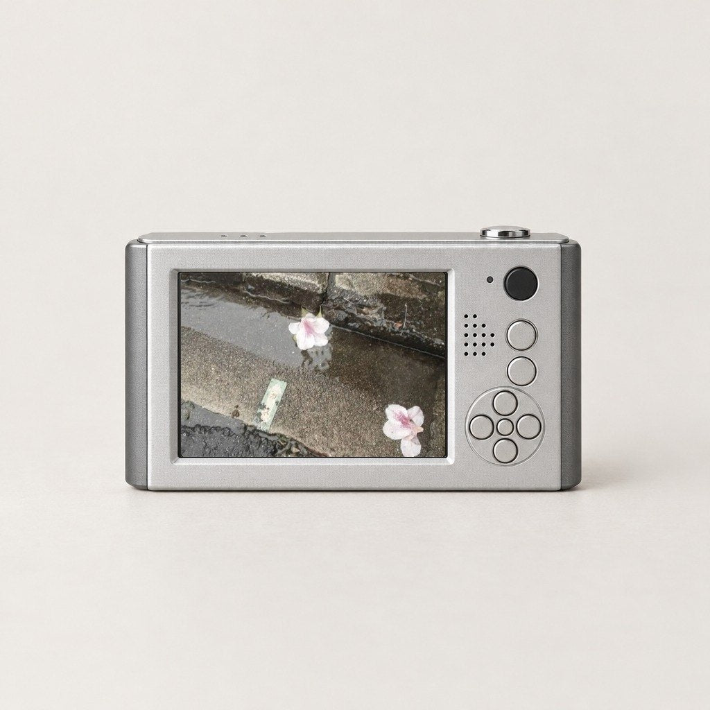 A studio picture of the silver camera's back, with a real photo a buyer took with it on its screen: pink petals on a wet street