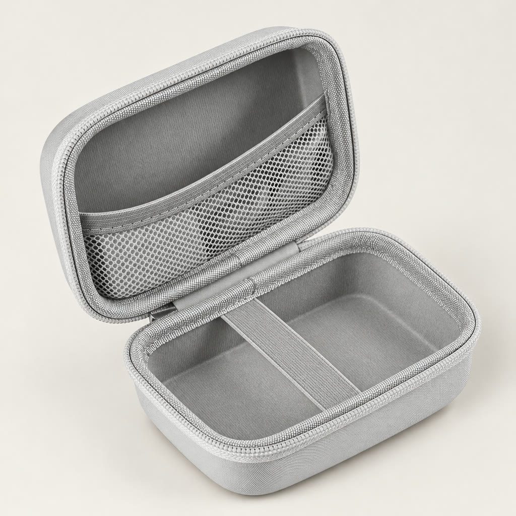 Grey hard case, open and empty