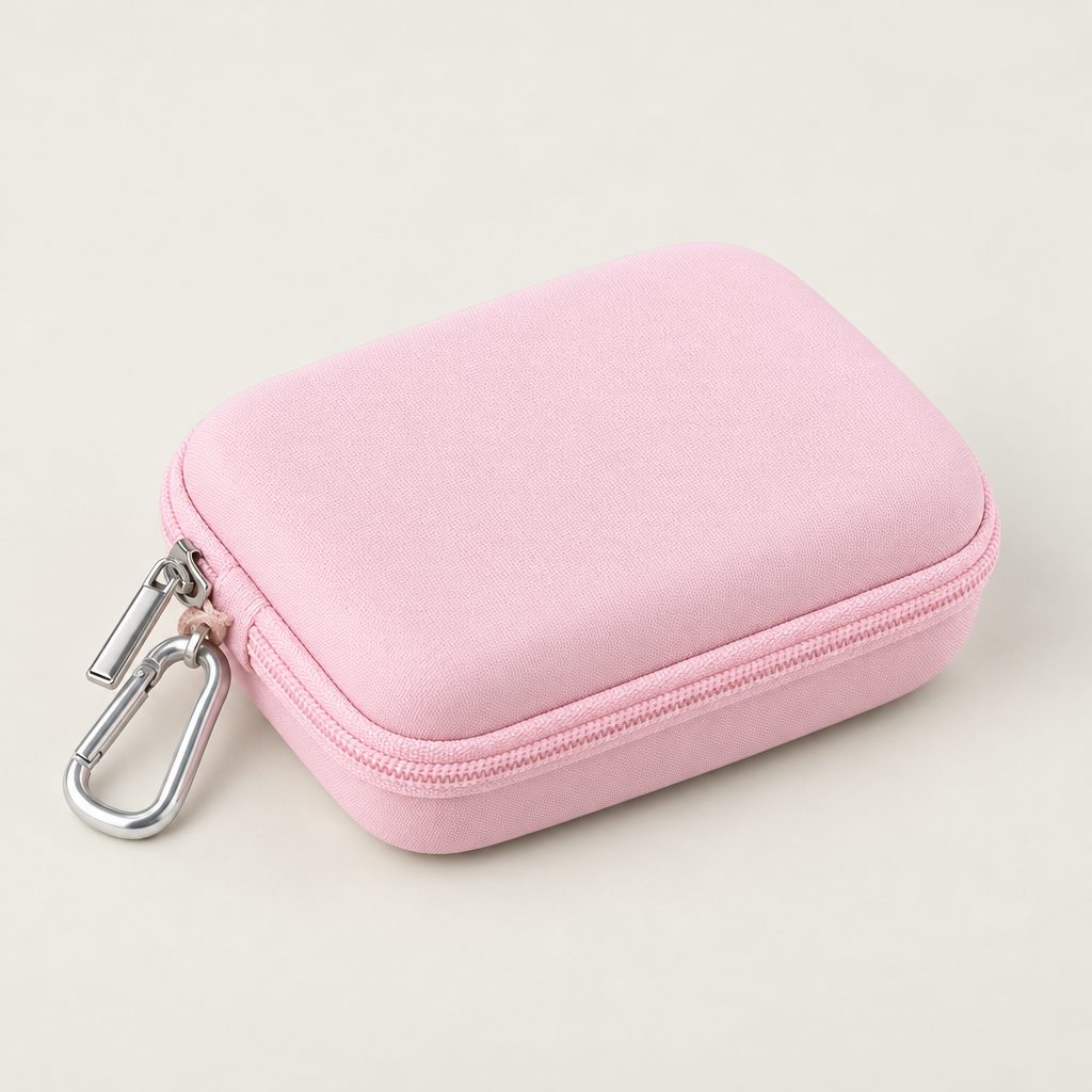 Pink hard case, zipped shut, with its metal clip