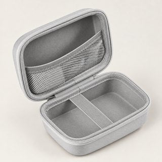 The grey hard case, zipped shut
