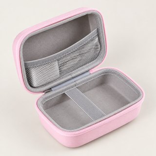 The pink hard case, zipped shut
