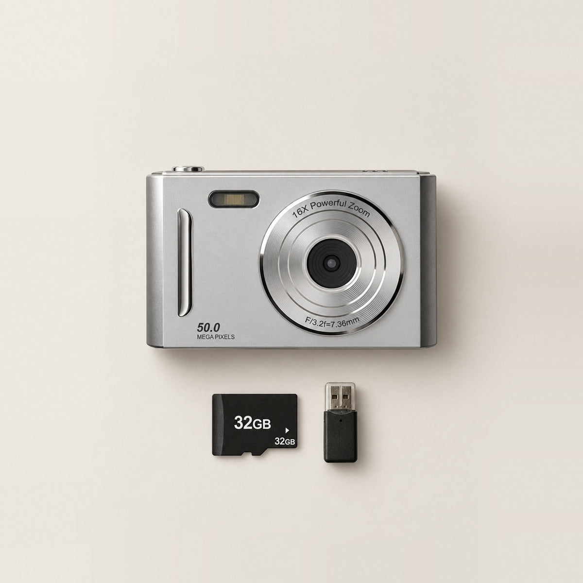 The Sundae Digicam in silver, with its 32GB card and card reader
