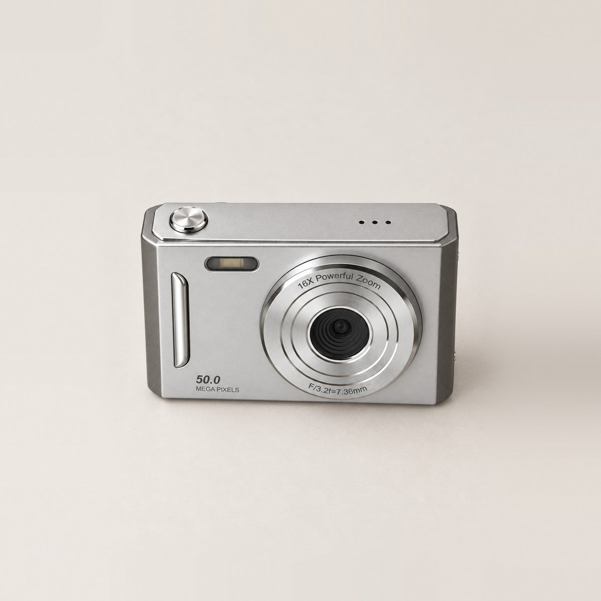 The Sundae Digicam in silver, seen from above, the shutter button on top