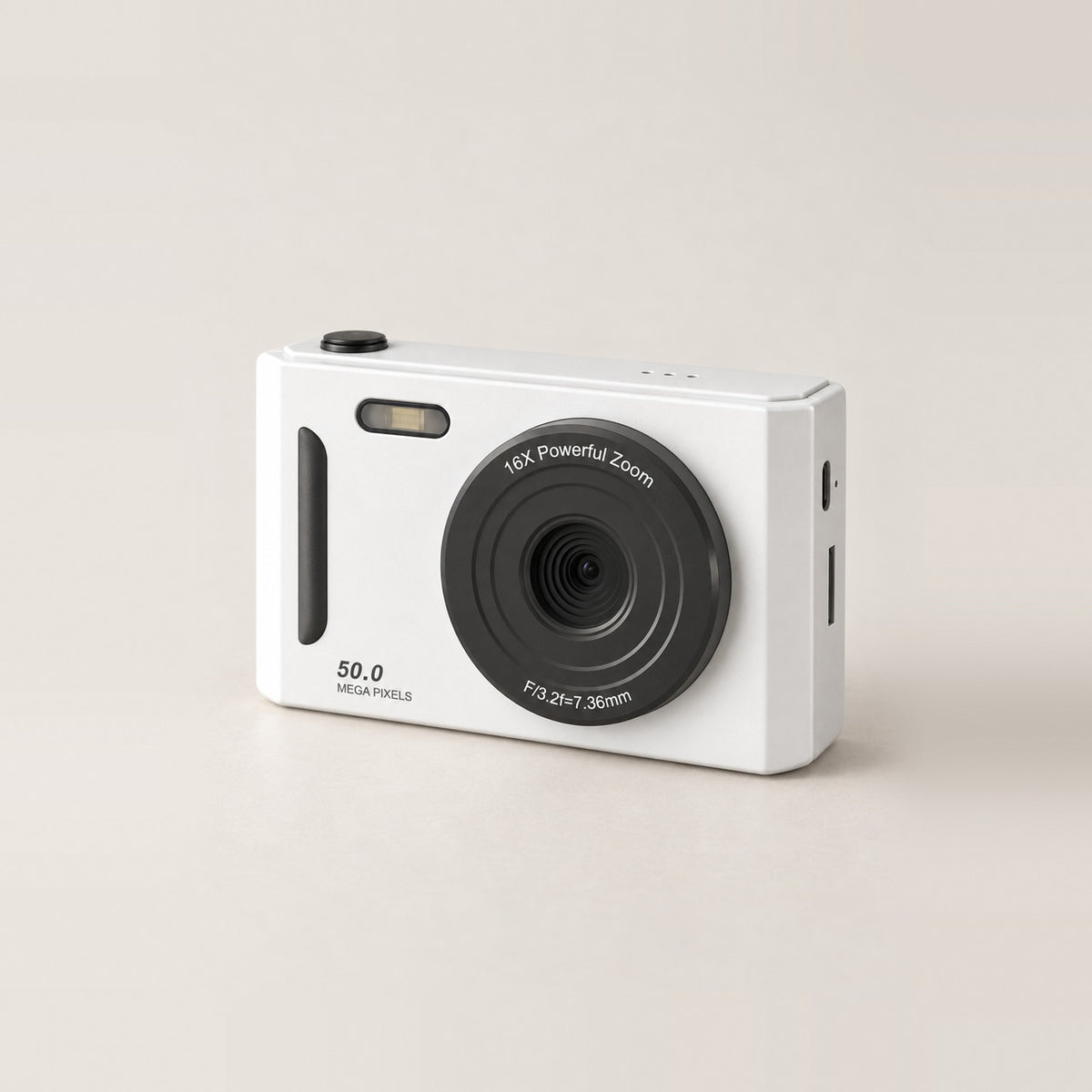 The Sundae Digicam in white, three-quarter view