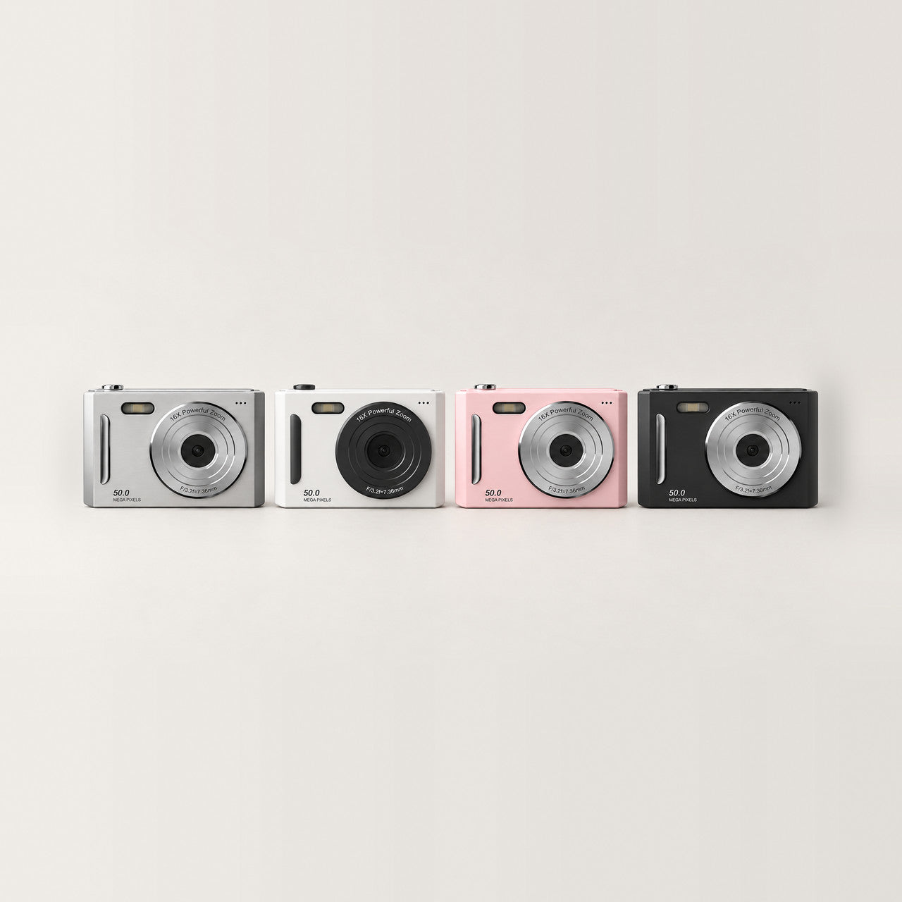 The four colors side by side: silver, white, pink, black