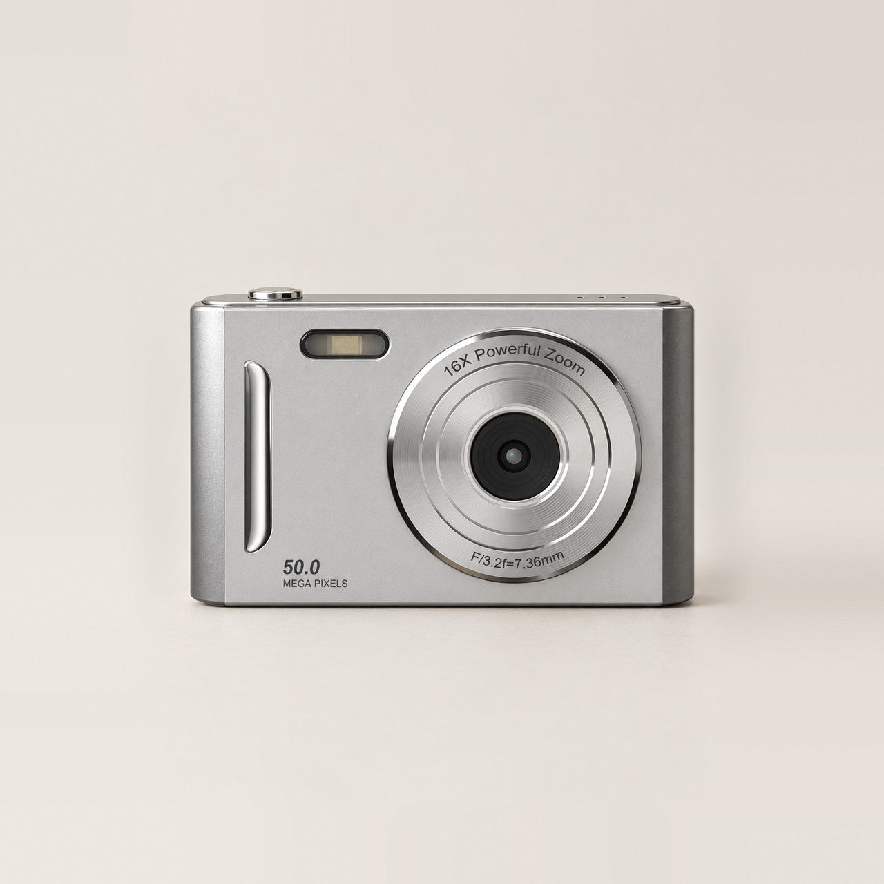 The Sundae Digicam in silver, straight front: the flash and the lens