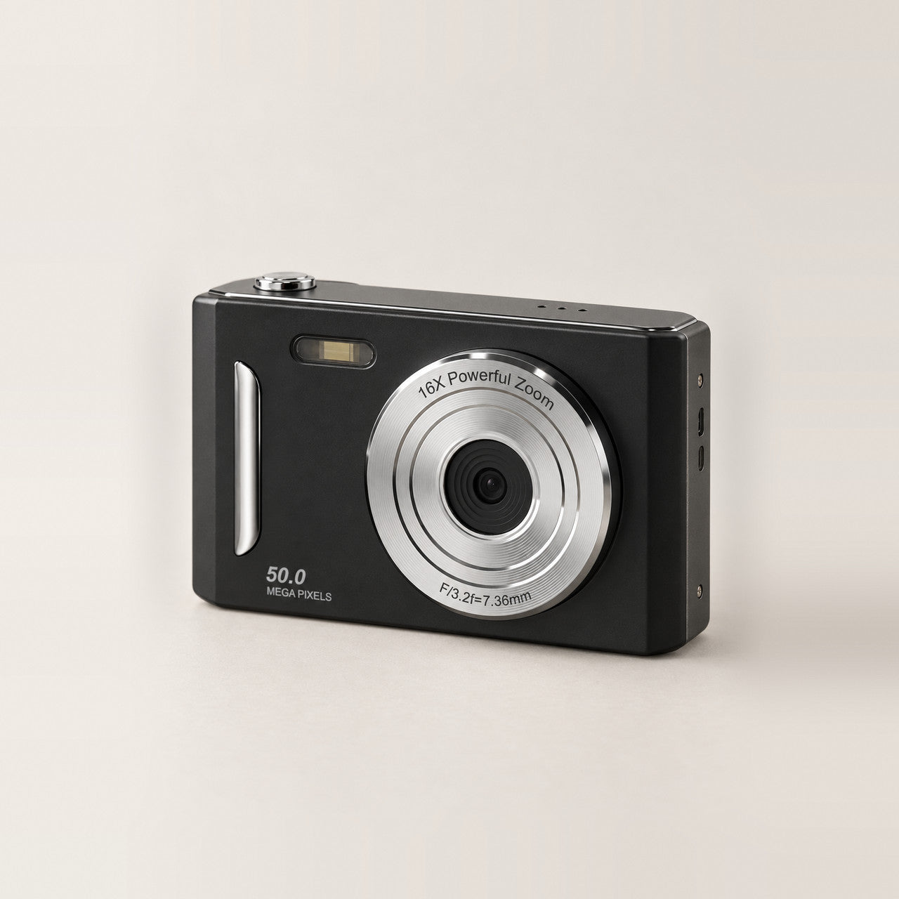 The Sundae Digicam in black, three-quarter view