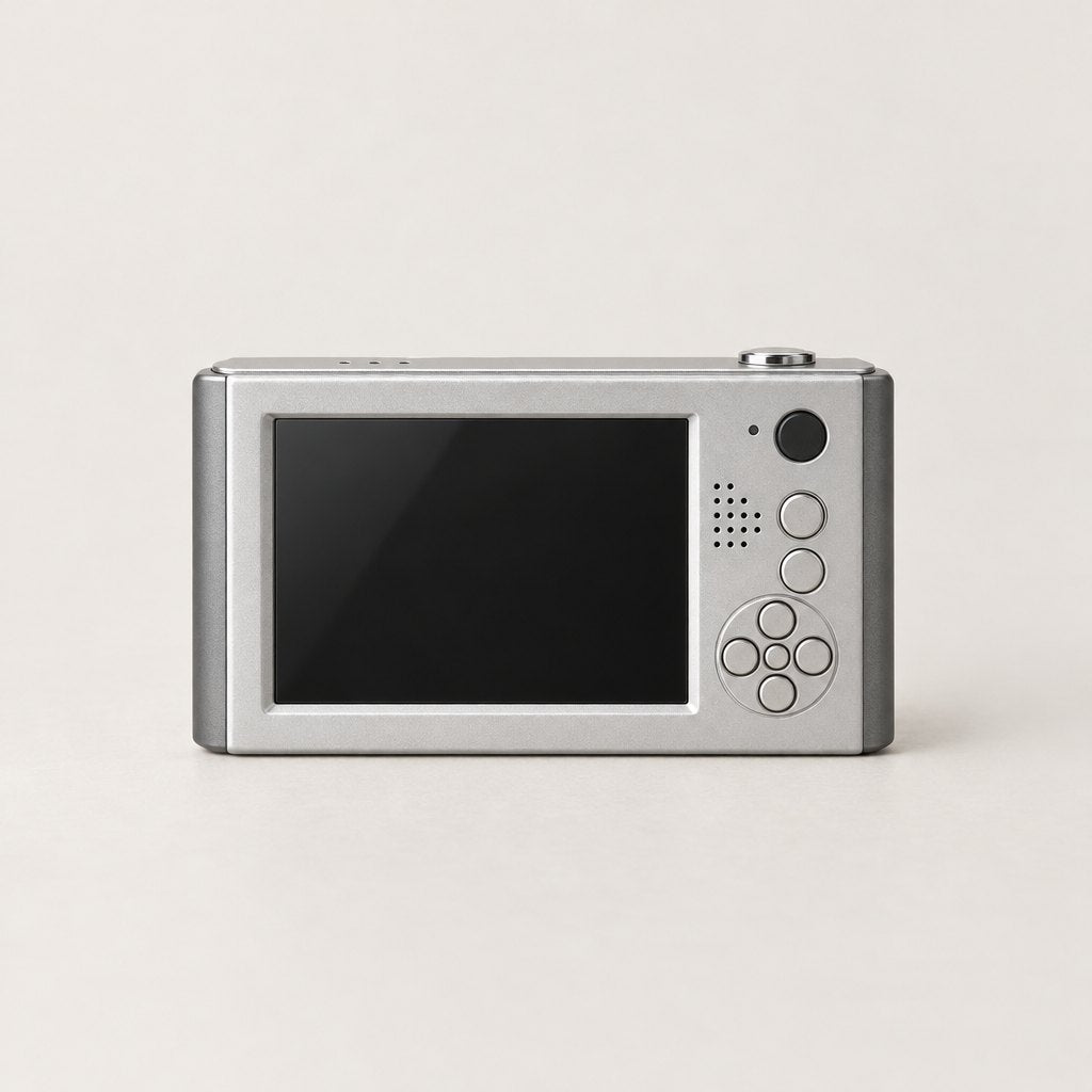 The back of the silver camera, screen dark: the screen and the menu buttons